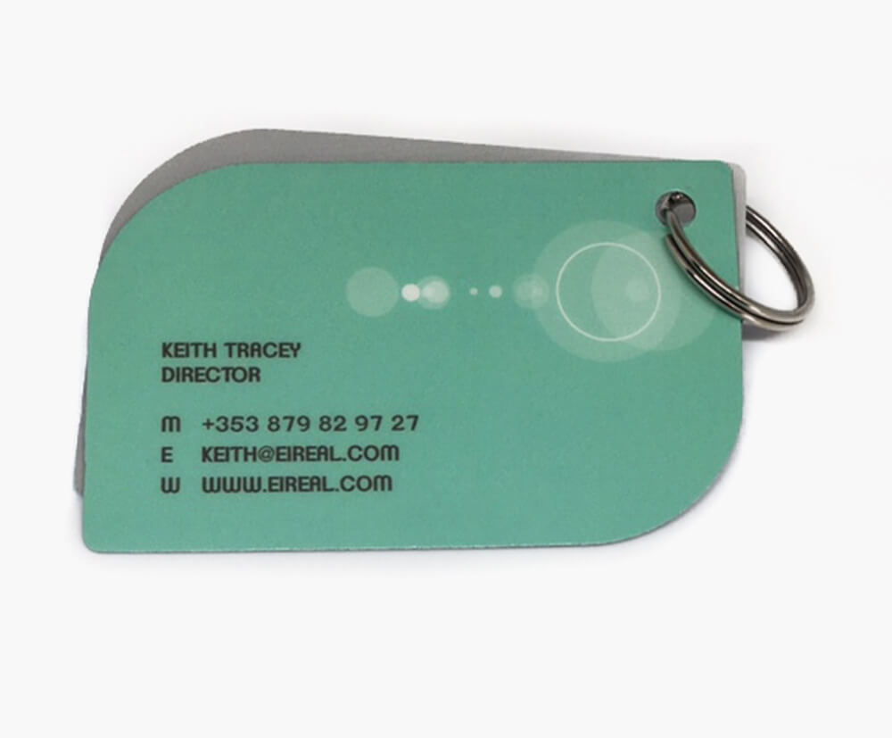 Basic size of our plastic keyfobs with 2 rounded corners.