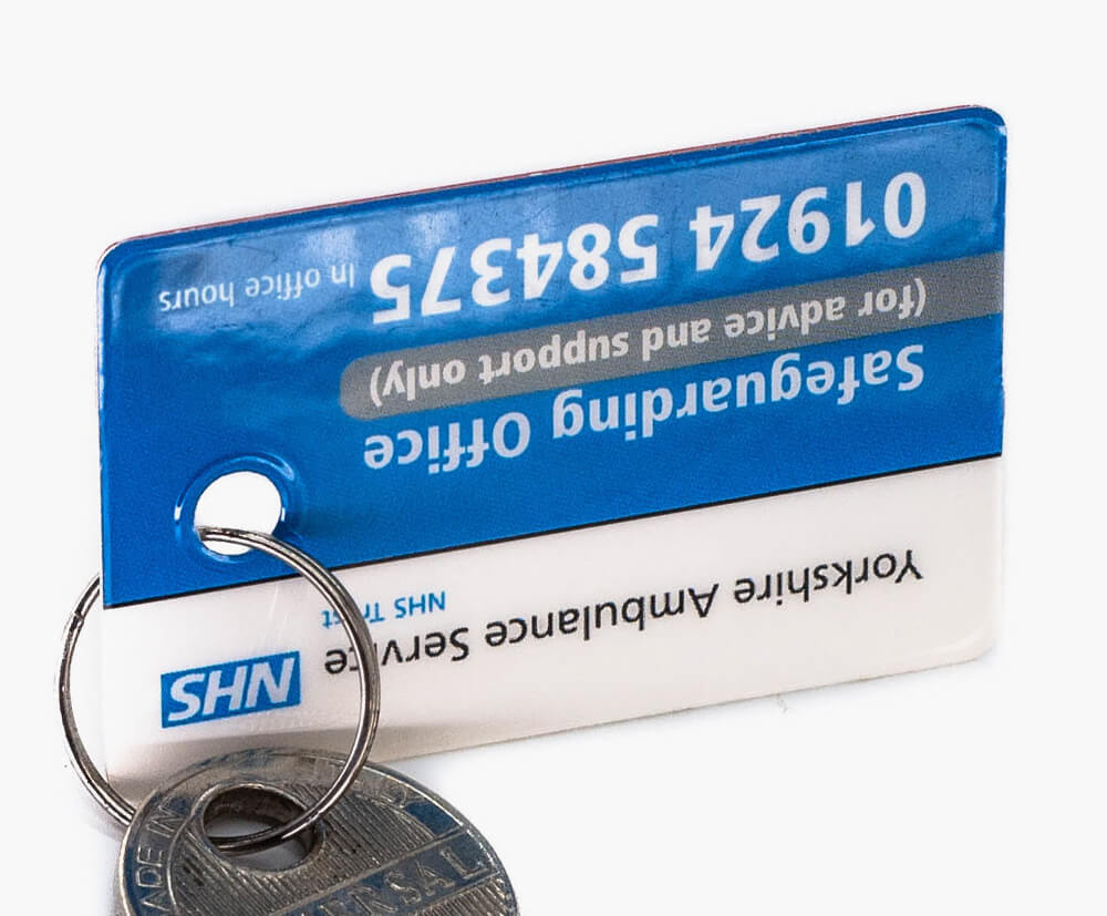 Plastic keyfobs supplied with split-rings attached.