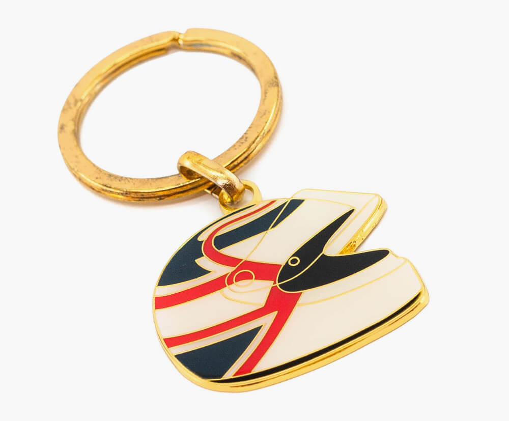 Custom keyring with gold plating and full-colour fill printing.