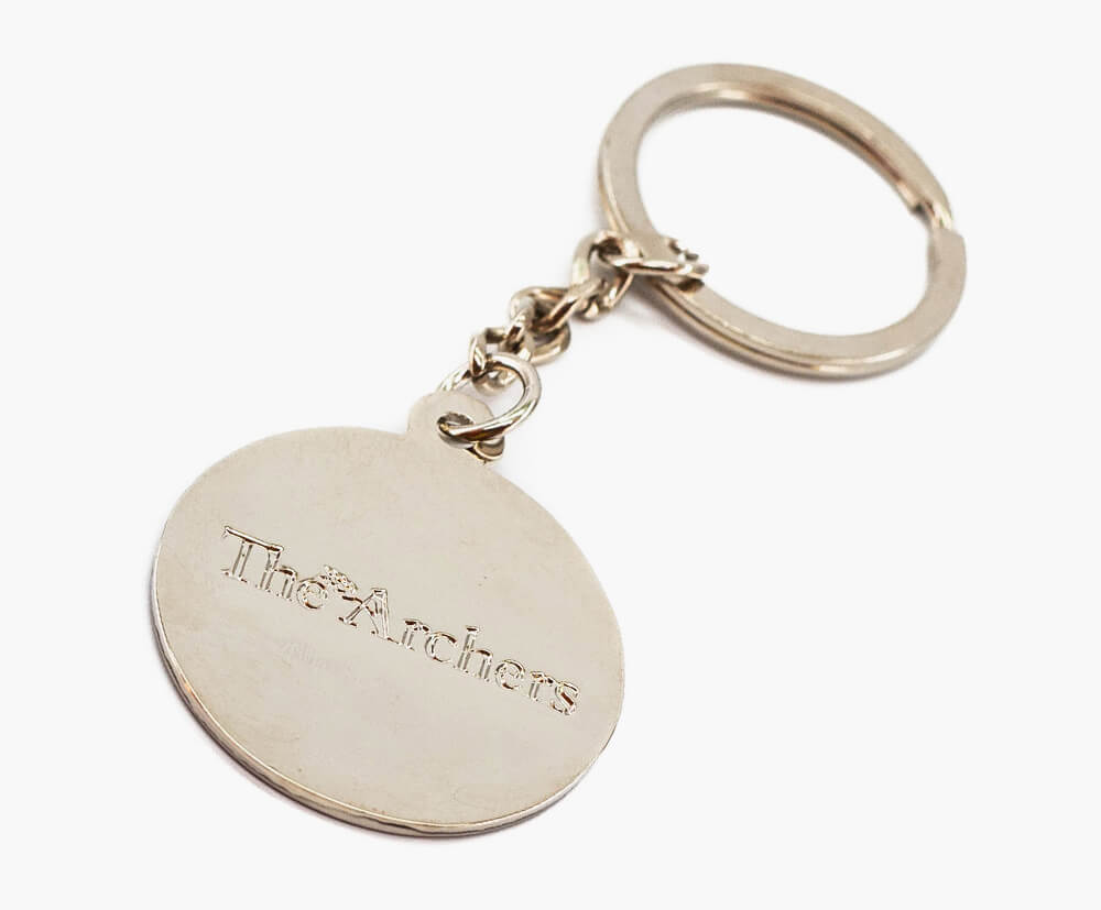 Coin-shaped promotional keyring with silver plating.