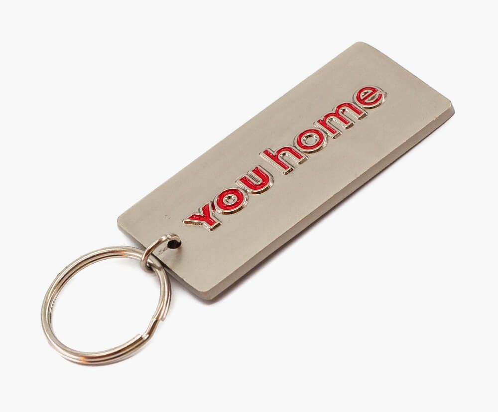 Satin silver keyrings with 1 colour enamel fill.