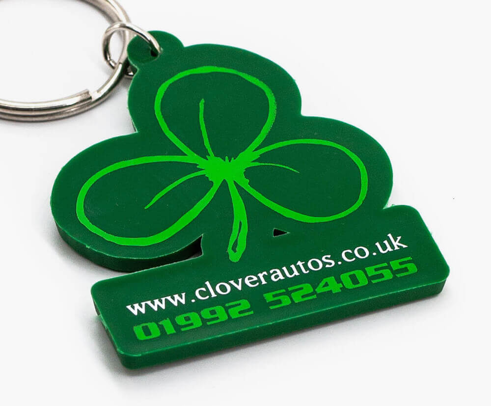 2 colour logo details printed onto the shiny reverse of the keyring.