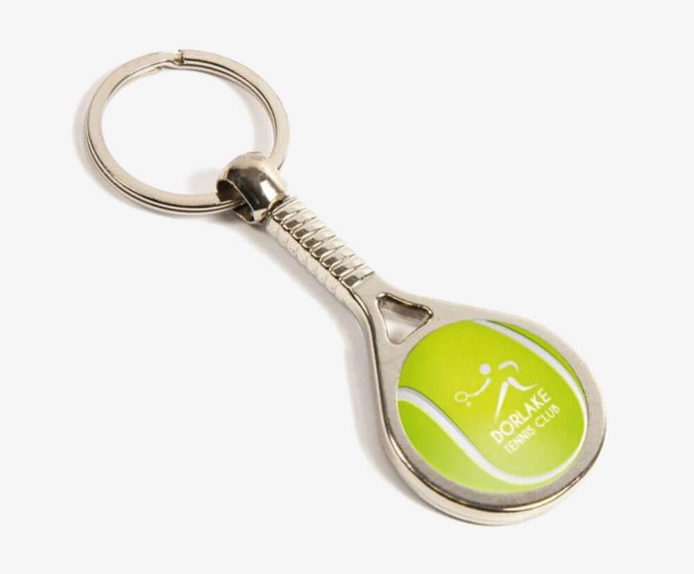 Custom tennis racket promotional keyring with full-colour branding.