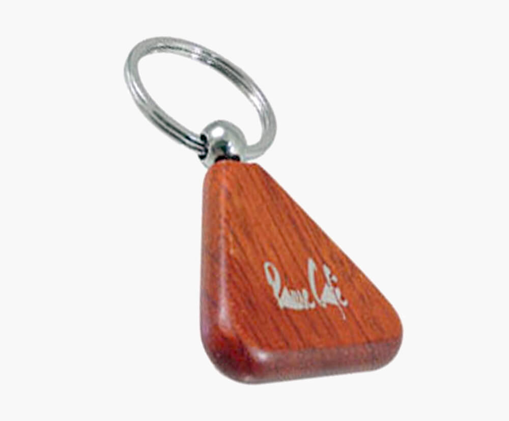 Triangular keyring made from sustainable beech, detailed with bespoke logo.