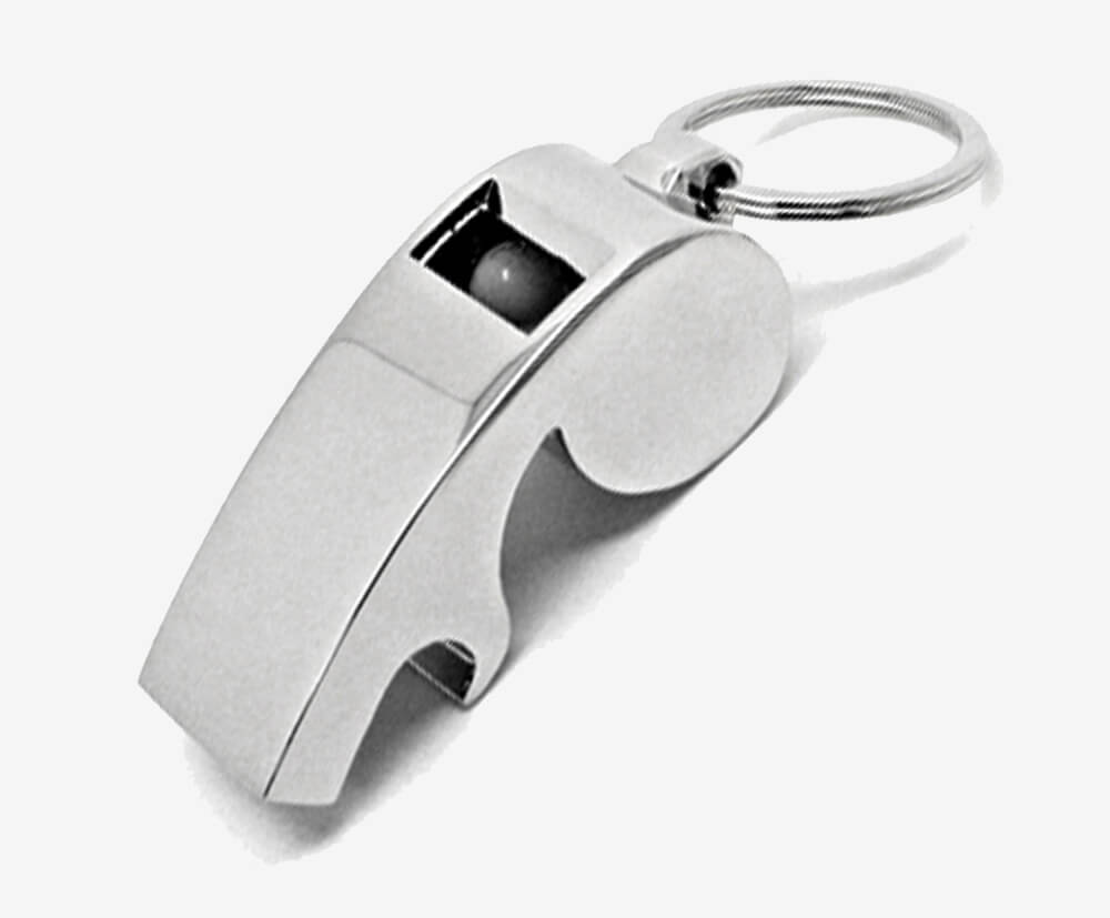 Whistle and bottle opener metal promotional keyring.