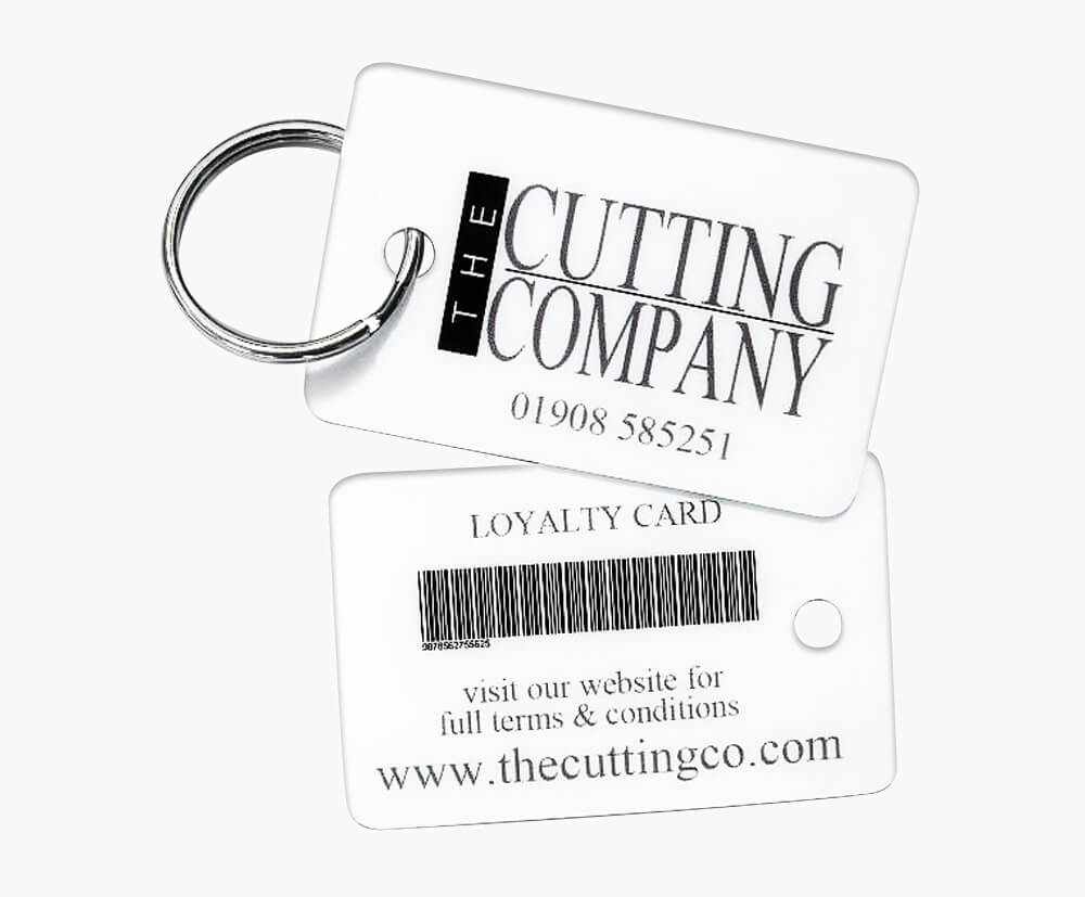 Add barcoding to one side of your loyalty keyring cards.